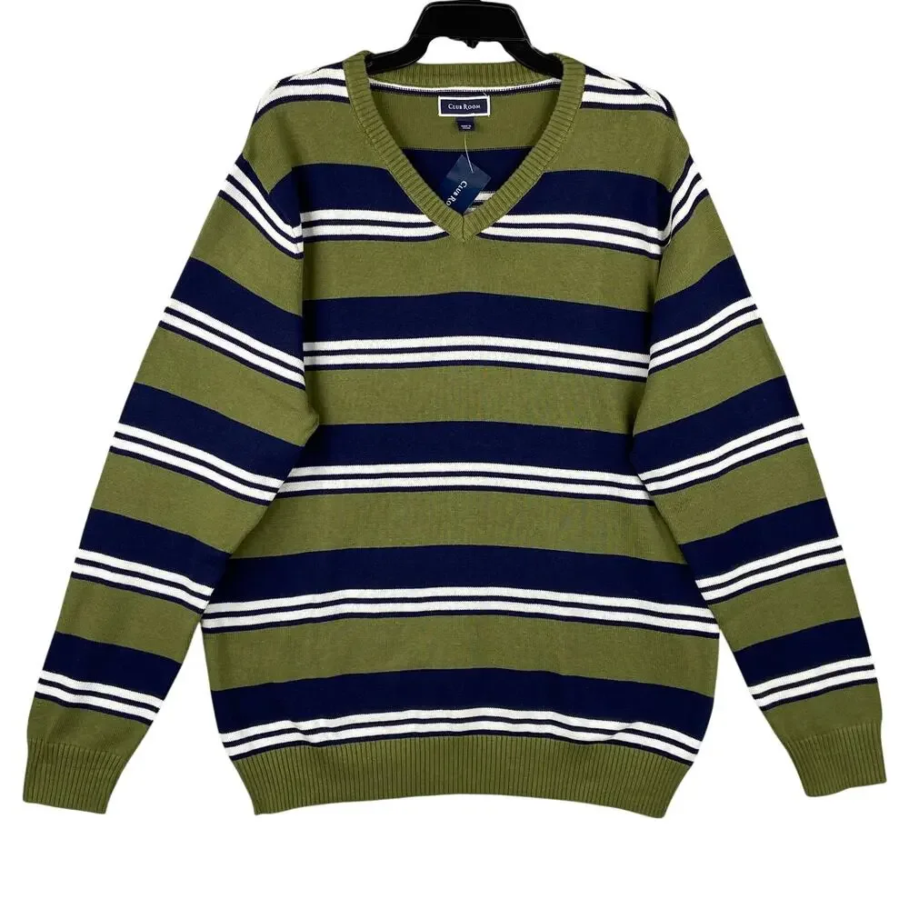 Club Room Men's Large Striped Long Sleeve V-Neck Sweater Pine Brook NWT